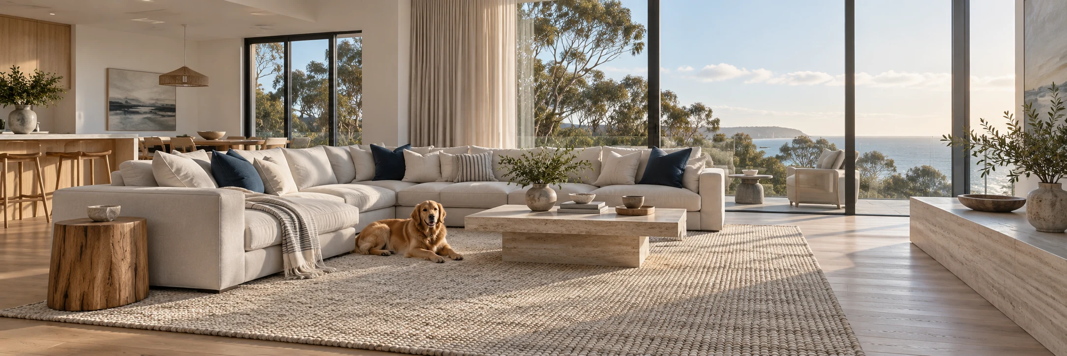 Coastal luxury living room with a golden retriever resting on a wool rug